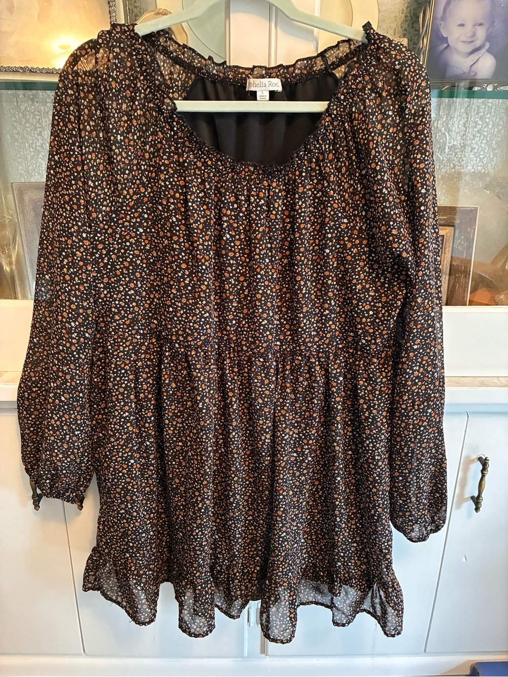 Ophelia Roe Sheer Black Floral Peasant Dress with Ruffle Hem Large